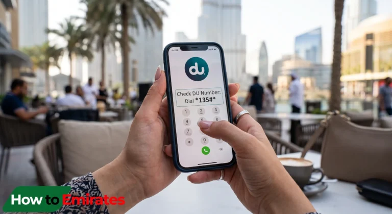 Person's hands holding a smartphone in an outdoor Dubai cafe with the Burj Khalifa blurred in the distance. The phone screen displays the du logo and "Check DU Number: Dial 135#".