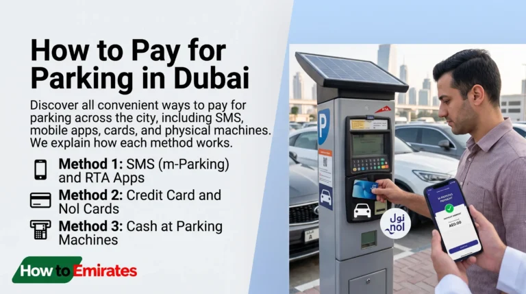 Infographic guide showing how to pay for parking in Dubai using Nol cards, mParking SMS, RTA apps, and cash parking meters.