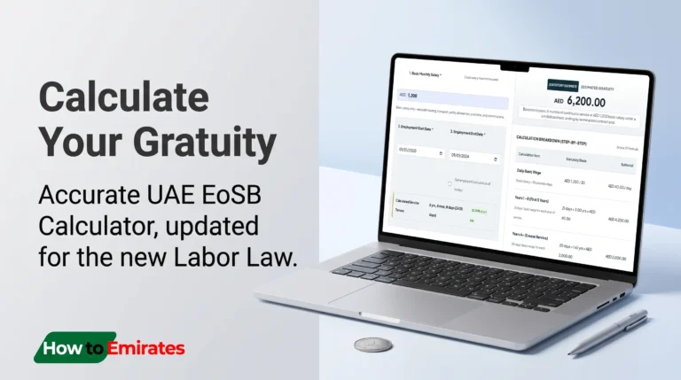 UAE gratuity calculator interface on a laptop screen displaying End of Service Benefit breakdown under the new UAE Labor Law, by How to Emirates.